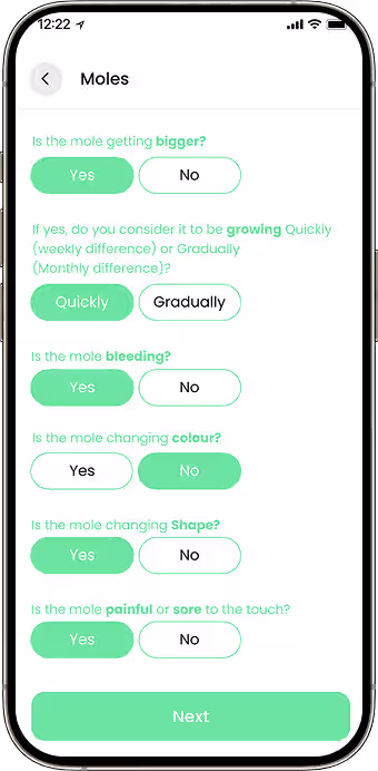 Mole and lesion assessment screen for skin change reporting