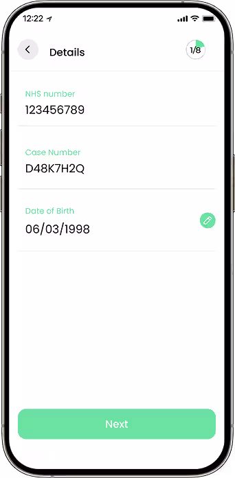 Patient identity verification screen with NHS number and case reference