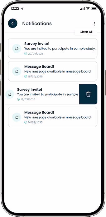 Research notifications for symptom reminders study updates and platform activity