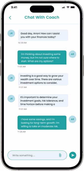 One to one financial coaching chat screen for advisor support