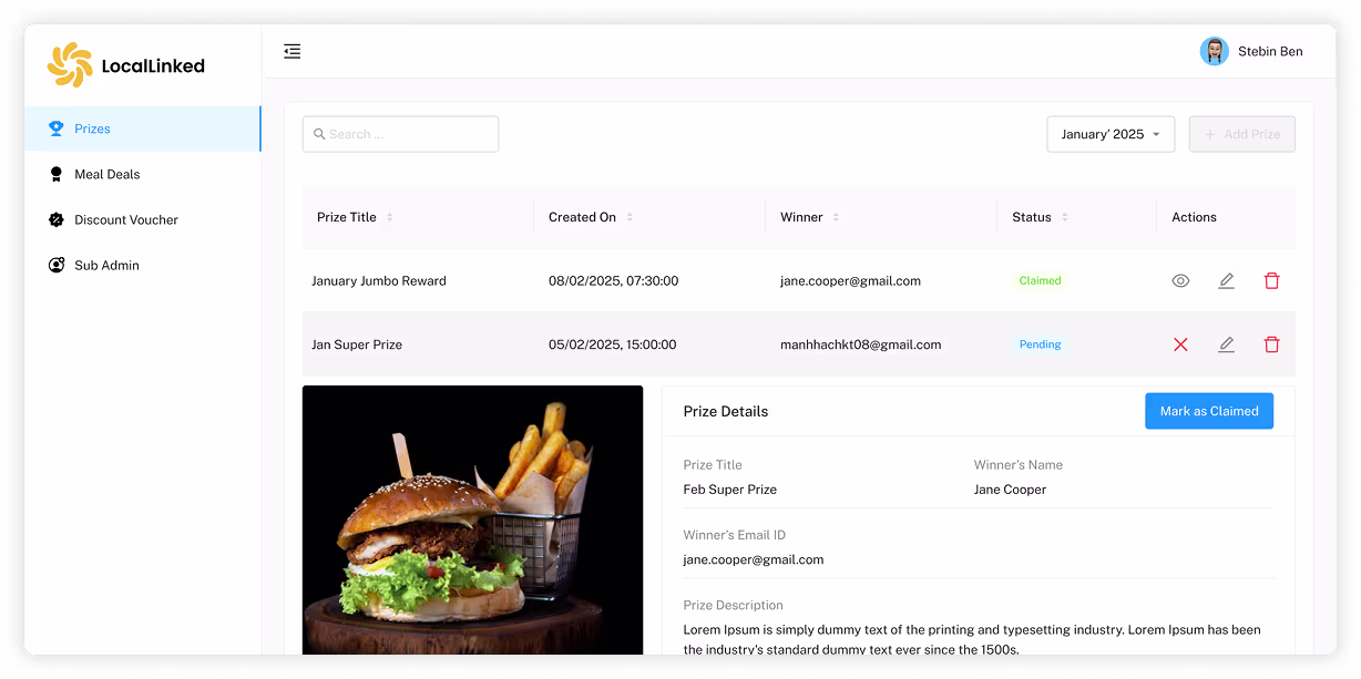 Monthly prize giveaways screen with reward ticket entry