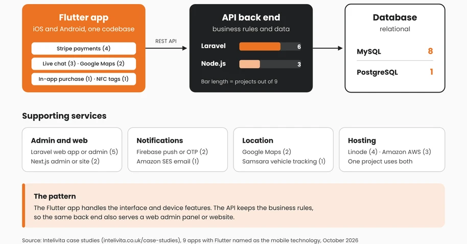Architecture diagram of the Flutter app, API back end, database and supporting services used across nine Intelivita Flutter projects, with project counts