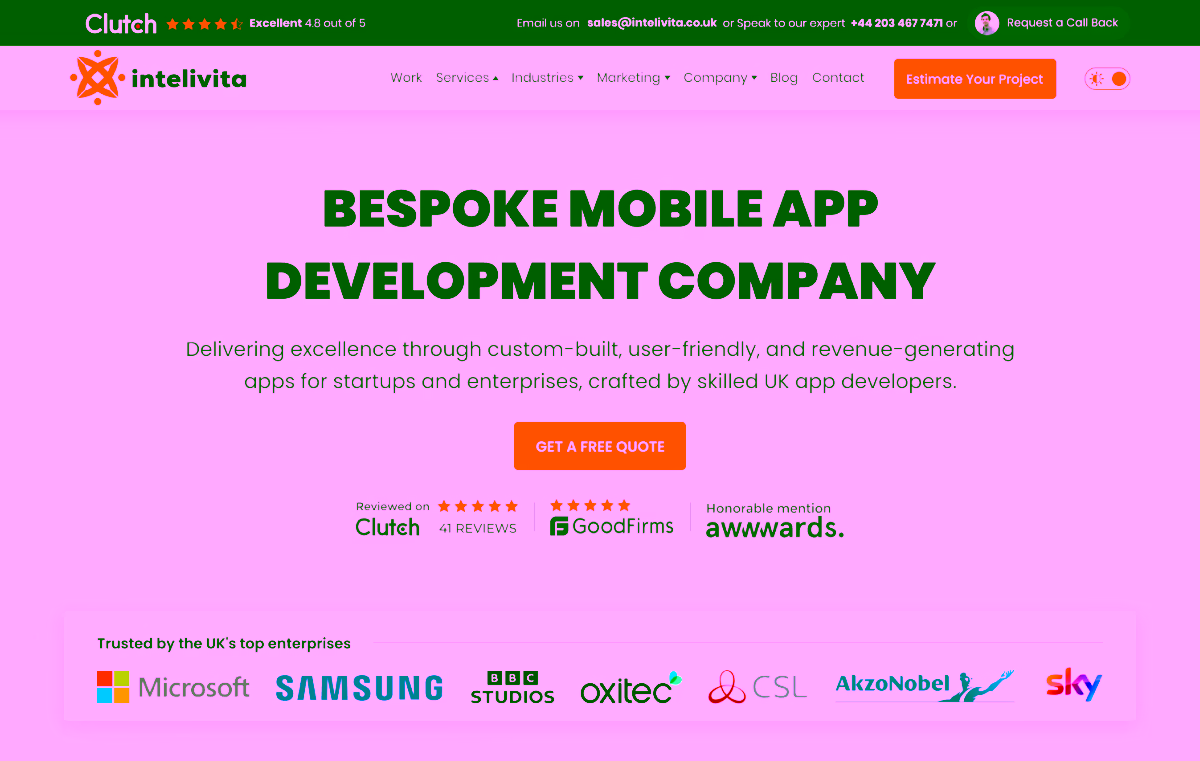 Intelivita homepage screenshot showcasing web development services in the UK