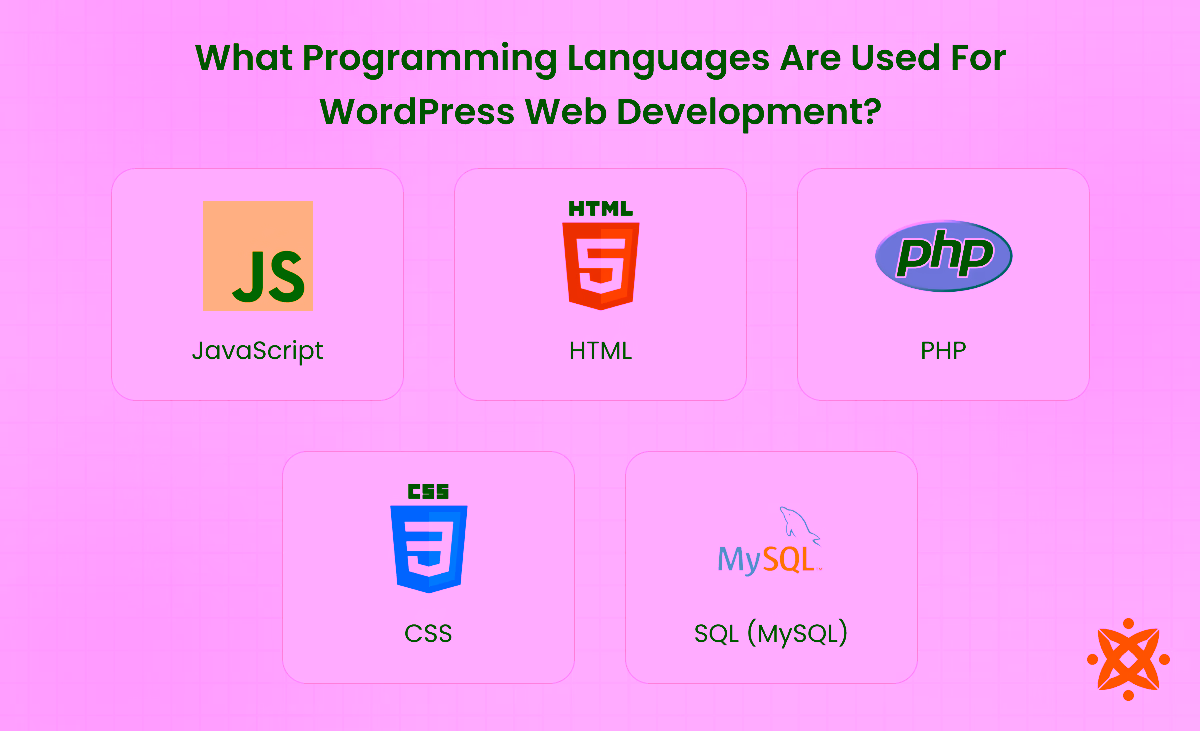 Programming languages used in WordPress web development including PHP, HTML, and JavaScript
